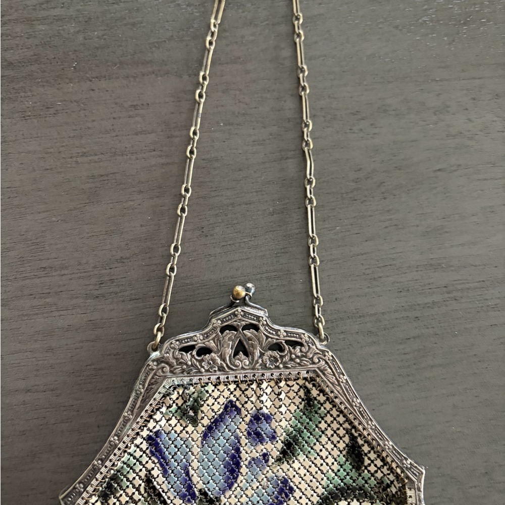Vintage Floral Enamel 1920s Mesh Flapper Purse - Blue & Silver - Picture 5 of 5